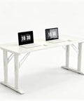 Level Up Your Setup With This Height Adjustable Gaming Desk Rocking A Cool Wood Finish And Roomy Sit Stand Top Dope For Dual Monitors Ergonomic Anti Slip Pads And Fresh White Vibe Great For Your Home Office Or Bedroom. White height adjustable desk with dual monitors and mouse setup.