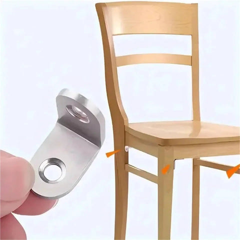 Rock Solid Stainless Steel L Shaped Corner Braces With Included Screws For Knockout Diy Furniture Assembly And Smooth Cabinet Reinforcement All Projects Every Single Day with a hand holding a brace next to a wooden chair.