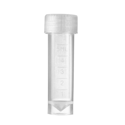 Crystal Clear 5 Milliliter Plastic Sample Bottles Vials With Screw Cap And Sealing Gasket 50 Pack Lab Storage Containers For Easy Sampling On The Fly And Precise Lab Work, clear 5 mL vial front view