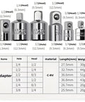 Front view of a six-piece chrome vanadium steel ratchet wrench socket adapter set with multiple head sizes.