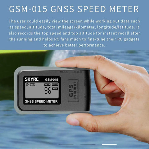 High Precision GNSS GPS Speed Meter For RC Drones And FPV Quads, Tracks Top Speed, hand holding device at water background