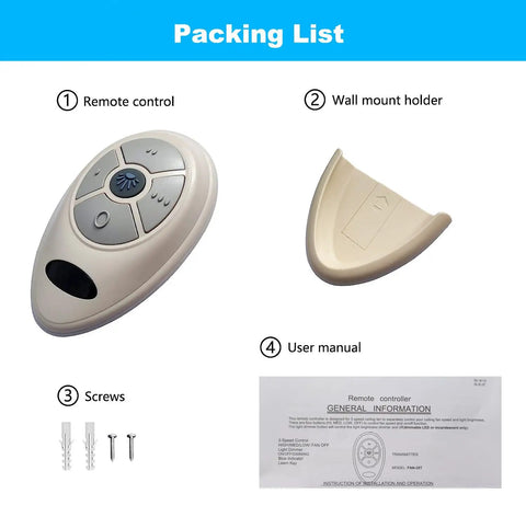 Ceiling Fan Remote Transmitter Replacement For Harbor Breeze Models Including FAN 35T 53T KUJCE9103 with wall mount and screws