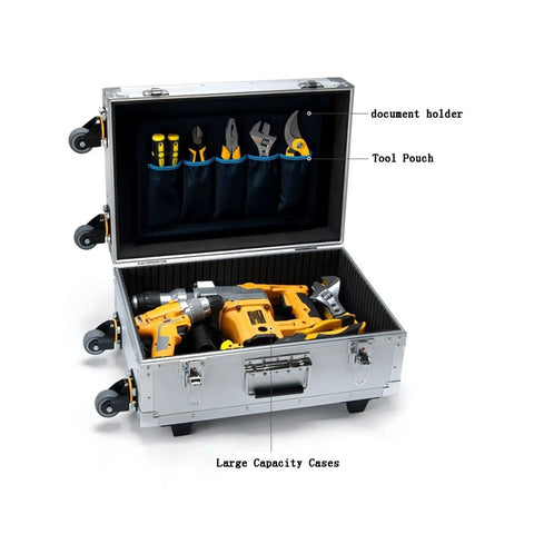 Open Rugged Alloy Toolbox With Built In Handle And Rolling Trolley filled with tools, featuring metal organizer compartments.
