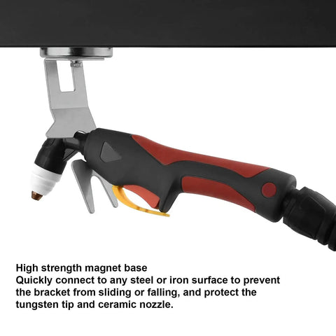 MIG Welding Torch Holder with Strong Magnetic Base and Heavy Duty Anti Slip Stand For Secure Hands Free Welding On Any Steel Surface.