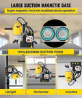 Badass 750W Magnetic Drill Press Featuring A Rocksolid 8500N Base Magnet and Slick Tabletop build, showcasing various positions on steel surface.