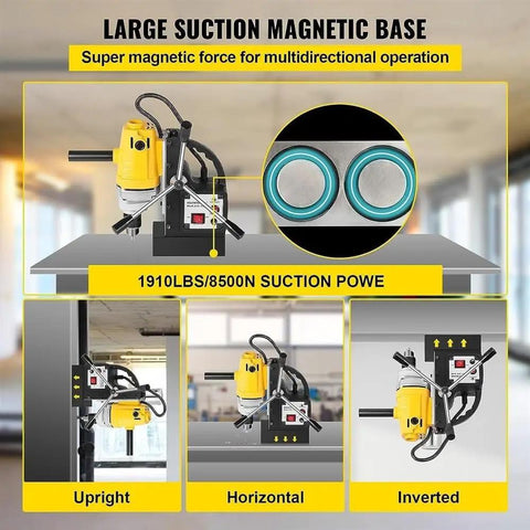 Badass 750W Magnetic Drill Press Featuring A Rocksolid 8500N Base Magnet and Slick Tabletop build, showcasing various positions on steel surface.