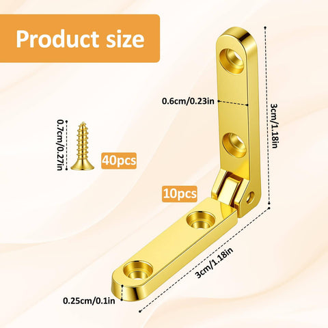 Gold Zinc Alloy Jewelry Box Hinges Set, 10 Pcs 90 Degree Small Hinges With 40 Screws shown with size dimensions.
