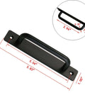 8 Piece Metal Barn Door Pull Set With Flat Head Long Base Design For Barn Doors Drawers And Cabinets In Black, size details shown