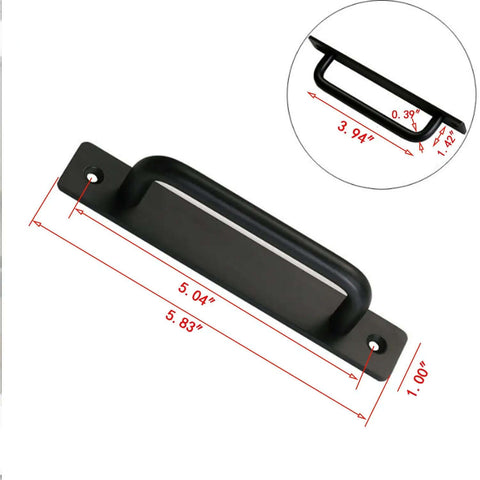 8 Piece Metal Barn Door Pull Set With Flat Head Long Base Design For Barn Doors Drawers And Cabinets In Black, size details shown