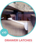 Close-up of installed drawer latch from 10-pack, white, for baby proofing cabinets, easy inside installation to keep toddlers out.
