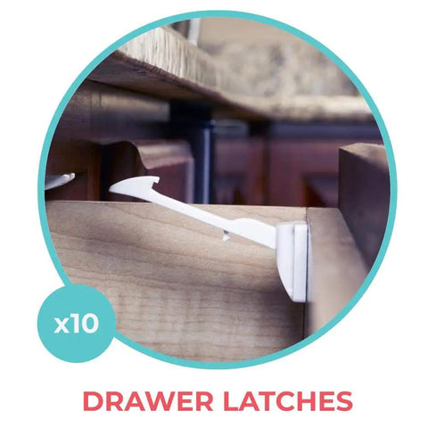 Close-up of installed drawer latch from 10-pack, white, for baby proofing cabinets, easy inside installation to keep toddlers out.