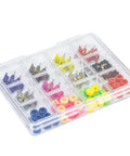 Fingerboard Hardware Kit With 14 Multicolor Trucks, 48 Wheels, 60 Screws, 30 Nuts And 4 Spanner Tools for 96mm skateboards in a clear box
