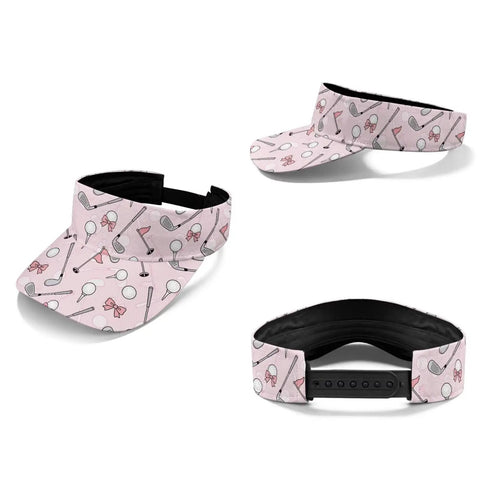 Women’s Moisture-Wicking Golf Polo Shirt And Visor Set, pink sun visor with golf-themed print, part of lightweight game-ready gear