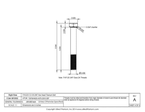 Beast Mode Pack of 2 Grade 5 Ti 6 Al 4V Titanium Hex Head Bolts 7 16 20 X 3 1 4 Unf technical drawing with measurements