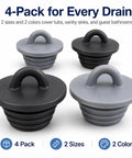 Universal Silicone Drain Plug Set For Bathtub And Bathroom Sink Features A Smooth Ring Grip Handle, 4-pack in gray and black.