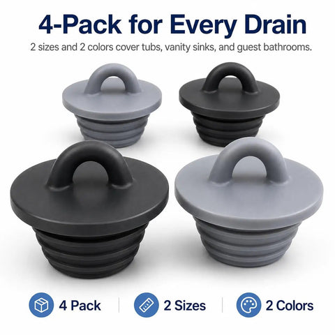Universal Silicone Drain Plug Set For Bathtub And Bathroom Sink Features A Smooth Ring Grip Handle, 4-pack in gray and black.