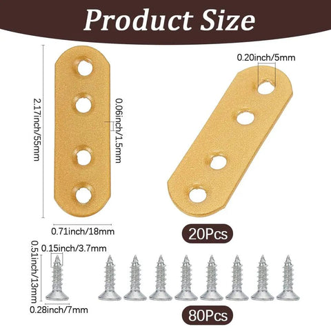 Golden Flat Straight Mending Brackets Kit With 80 Screws 20 Pieces Metal Fixing Plates dimensions and items displayed