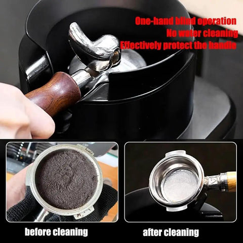 Hella Fast Cleanup With This Electric Coffee Portafilter Cleaner That Blows Out Old Puck In Five Seconds Flat featuring cleaning process before and after