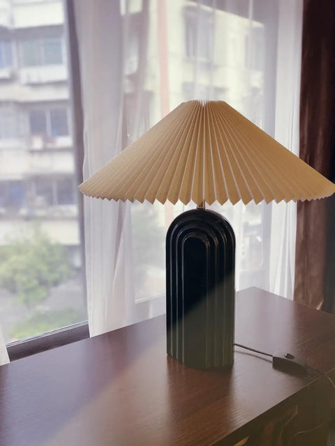 Cream Ceramic Table Lamp With Fabric Lampshade, Modern Retro Vibe For Living Room, Bedroom Or Study, 19 Inch Tall, 17 Inch Diameter, Bedside Lamp With Easy Push Button Switch on wooden table