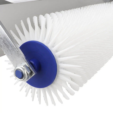 Close-up of spiked roller for self leveling concrete floors, 21mm needles, chrome frame, 20 inch total length, epoxy floor tool.