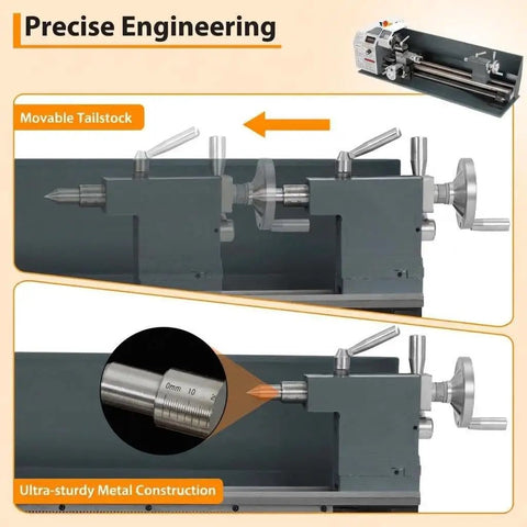 Garvee 8x30 Inch Mini Metal Lathe With 750W Motor And Variable Speed Up to 3000 RPM Precision Benchtop Machine For Hobbyists showing movable tailstock and sturdy metal construction.