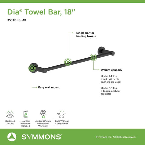 Dia 4-Piece Wall Mounted Bathroom Hardware Set In Matte Black With Towel Bar, Robe Hook, Hand Towel Holder, And Toilet Paper Holder, Includes All Mounting Hardware And 50 Lb Bar Capacity, Lifetime Residential Warranty. Image shows a single matte black towel bar highlighted by detailed annotations. Designed for easy wall mount and weight capacity.