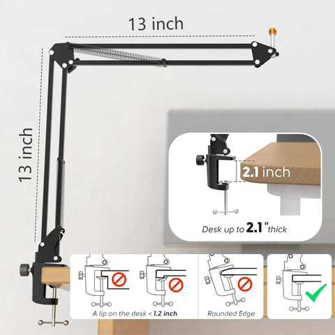 Heavy Duty Microphone Arm Stand With Suspension Boom, Anti Scratch Desk Clamp Up To 2 Inches, Fixed Knob Lock Prevents Sag