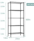 Beefy 5-Tier Wire Shelf System With Adjustable Shelves, 24 By 14 By 60 Inches, Black Steel Rack For Garage Or Shop, Storage Closet And Workshop, Holds Up To 750 Lbs. front view with 24x14x60 inch black steel frame