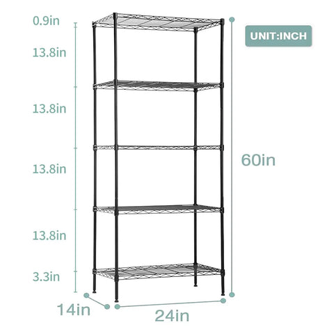 Beefy 5-Tier Wire Shelf System With Adjustable Shelves, 24 By 14 By 60 Inches, Black Steel Rack For Garage Or Shop, Storage Closet And Workshop, Holds Up To 750 Lbs. front view with 24x14x60 inch black steel frame