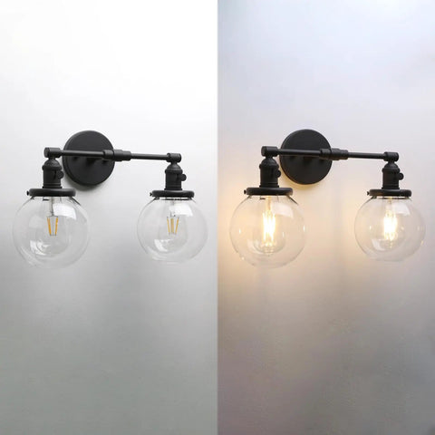 Industrial Black Wall Sconce Hardwired Double Light With 5.9 Inch Glass Globe Lampshade Modern Wall Fixture, front view