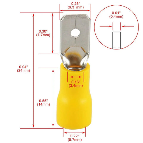 1/4 Inch Yellow Vinyl Insulated Quick Disconnect Spade Wire Connectors For 12-10 AWG Cables shown with size dimensions