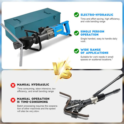 Comparison of Heavy Duty Hydraulic Rebar Bender 110V 1400W Electric Bender Machine with Manual Hydraulic Tool for bending steel.