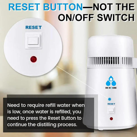 No Fuss Everyday Home Water Distiller 1 Gallon Maker 750W Power 4L Capacity close-up of reset button