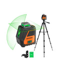360 Degree Self Leveling Laser Level With Tripod And Magnetic Base showing green laser lines, tripod, and accessories