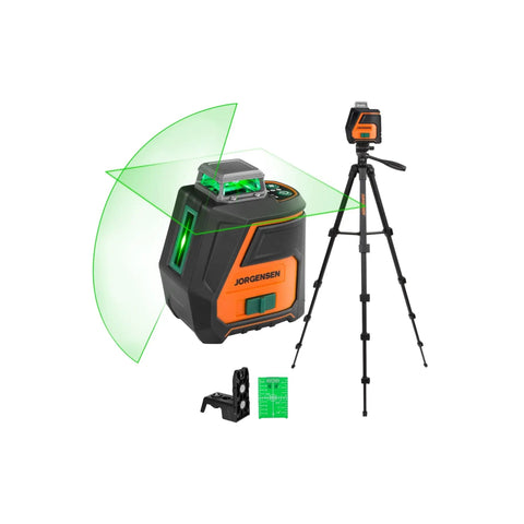 360 Degree Self Leveling Laser Level With Tripod And Magnetic Base showing green laser lines, tripod, and accessories