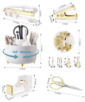 Gold Desk Organizer Set With 360 Degree Rotating Pen Holder Acrylic Stapler Tape Holder Staple Remover Binder Clips Kit Scissors And Staples For A Clean Productive Workspace And A Boss Desk Setup dimensions displayed