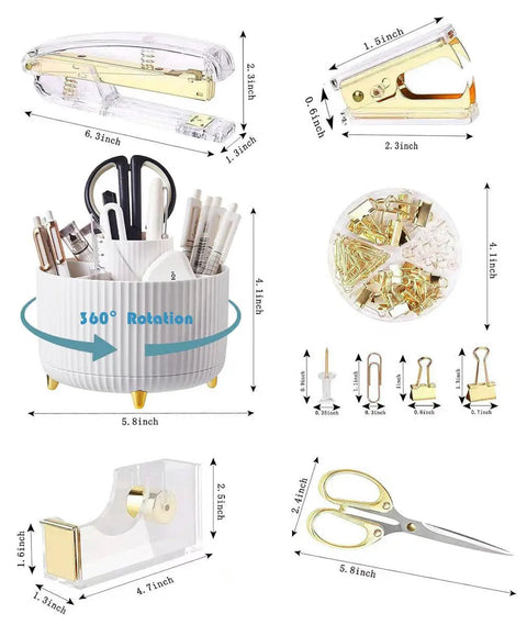 Gold Desk Organizer Set With 360 Degree Rotating Pen Holder Acrylic Stapler Tape Holder Staple Remover Binder Clips Kit Scissors And Staples For A Clean Productive Workspace And A Boss Desk Setup dimensions displayed