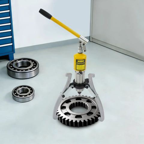 Heavy Hitter 20 Ton Hydraulic Gear Puller Kit With Three Jaw Bearing Separator Tool For Tough Mechanical Repairs High Strength Steel Build With Corrosion Protection Ready To Rock With Portable Case To Store Gear Safely Great For Quick Shop Jobs, yellow hydraulic puller on bearing