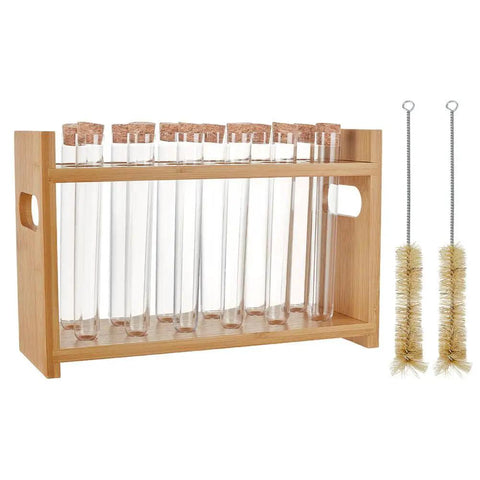 Wooden Test Tube Rack Kit With 12 Hole Holder And 12 Glass Tubes With Cork Stoppers 2 Tube Brushes And Corks Ten Point Four By Three Point Nine By Six Point Seven Inch Lab Gear For Chemistry Experiments And Science Class