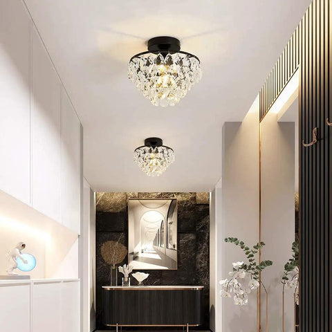 Modern Black Crystal Ceiling Light Fixture Semi Flush Mount Chandelier illuminating hallway with sparkling glow