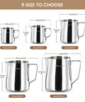 Barista Grade 12oz 350ml Milk Frother Cup With Scale In 304 Stainless Steel Pro Style Pour Spout For Latte Art And Cappuccino Easy Pour Milk Pitcher For Espresso Machines Includes Art Pen alongside other size options.