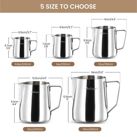 Barista Grade 12oz 350ml Milk Frother Cup With Scale In 304 Stainless Steel Pro Style Pour Spout For Latte Art And Cappuccino Easy Pour Milk Pitcher For Espresso Machines Includes Art Pen alongside other size options.