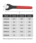 Heavy Duty Type ER Wrench For ER16 ER20 ER25 ER32 ER40 Collet Chuck Nut Spanner Fit CNC Router Engraving Spindle Tool Holder High Torque Alloy Steel with measurement table.