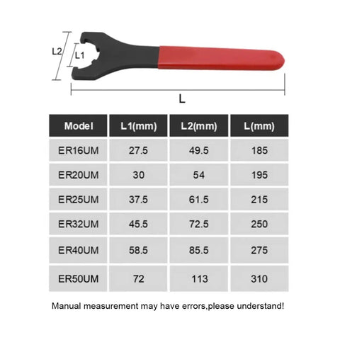 Heavy Duty Type ER Wrench For ER16 ER20 ER25 ER32 ER40 Collet Chuck Nut Spanner Fit CNC Router Engraving Spindle Tool Holder High Torque Alloy Steel with measurement table.