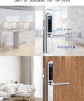Tough As Nails Waterproof Gate Lock Featuring Fingerprint Scan Smart App Control And Keypad Access For Aluminum Or Iron Doors Quick Biometric Entry Hella Secure Outdoor Hardware You Can Trust on various doors, showing slim design.