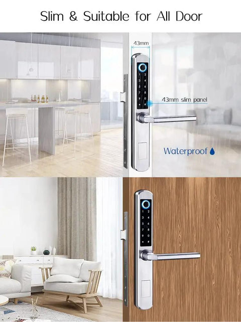 Tough As Nails Waterproof Gate Lock Featuring Fingerprint Scan Smart App Control And Keypad Access For Aluminum Or Iron Doors Quick Biometric Entry Hella Secure Outdoor Hardware You Can Trust on various doors, showing slim design.
