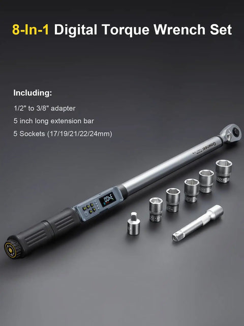 Upgraded Digital Torque Wrench With Half Inch Drive For Auto Repair shown with included sockets and adapter.