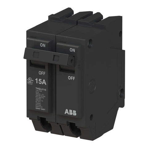 15 Amp Double Pole Circuit Breaker For 120/240 Volt Panels, Thermal Magnetic Plug On Load Center Breaker, 10 kAIC Interrupt Rating, Durable Heat Resistant Case, Ideal For Residential And Commercial Electrical Protection. Black 15A ABB THQL2115 breaker