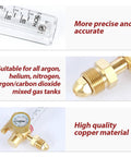 Argon/CO2 flow meter with transparent housing and scale markings (front view)
Brass gas regulator with inlet/outlet fittings (side view)
Brass gas regulator with pressure gauge and fittings (close-up)
