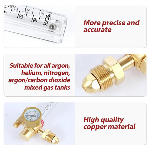 Argon/CO2 flow meter with transparent housing and scale markings (front view)
Brass gas regulator with inlet/outlet fittings (side view)
Brass gas regulator with pressure gauge and fittings (close-up)